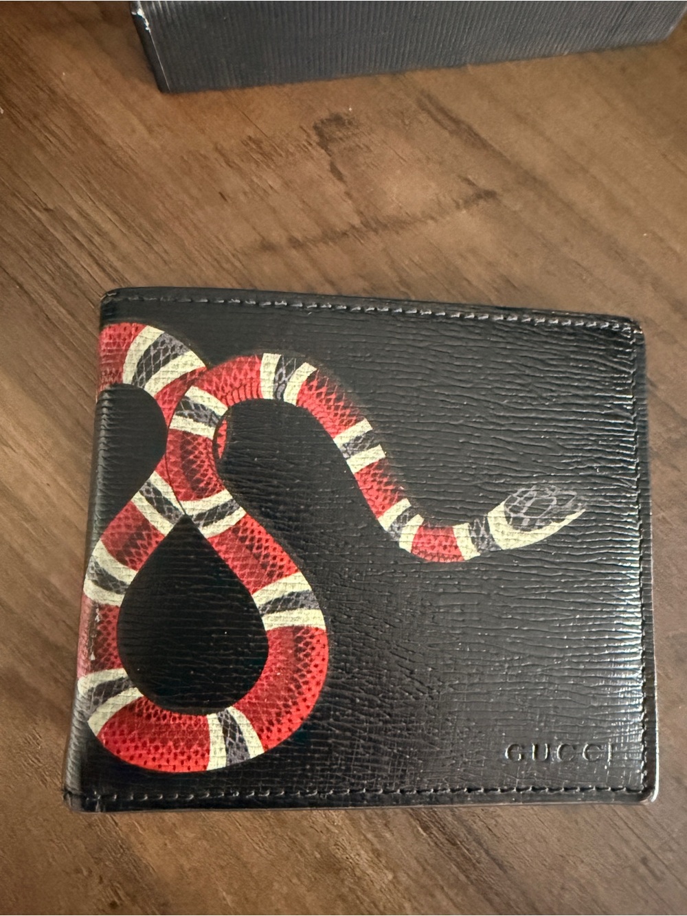 Gucci Black Leather Card Holder with Red and White Snake Motif